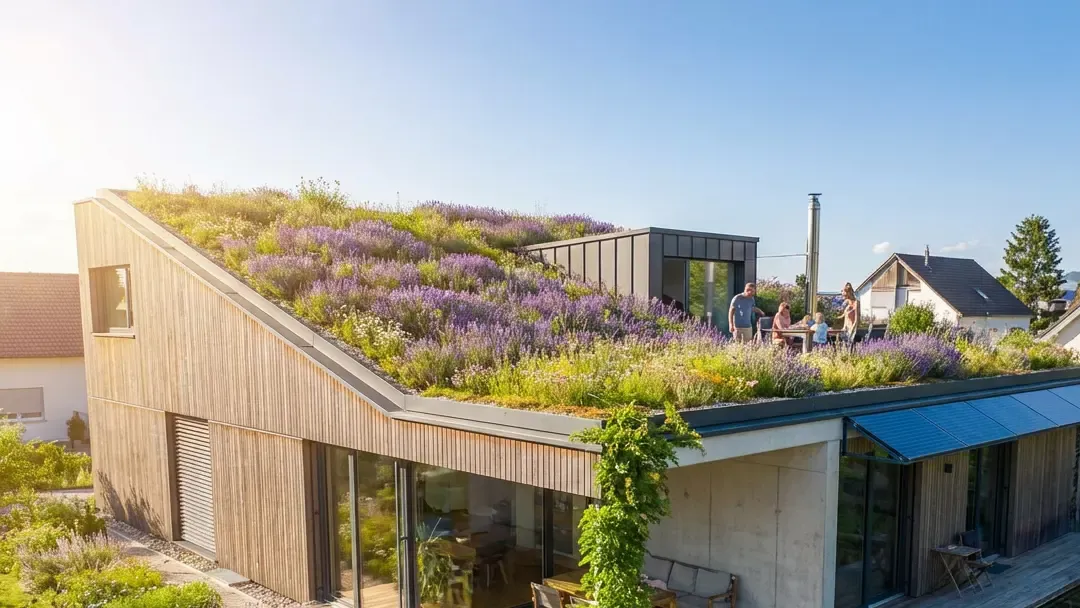 Außenansicht Haus mit Lavendel-bepflanztem Dach