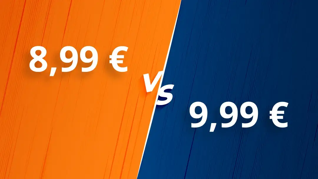 Preisvergleich 8,99 € gegen 9,99 € auf orangem und blauem Hintergrund