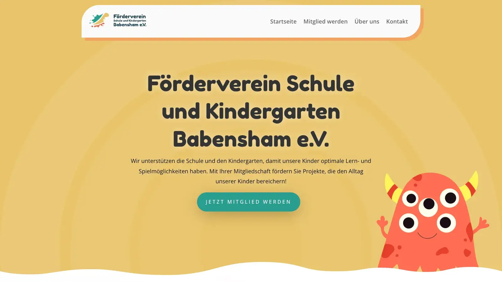 Startseite von foerderverein-babensham.de mit einer gezeichneten Monster-Figur