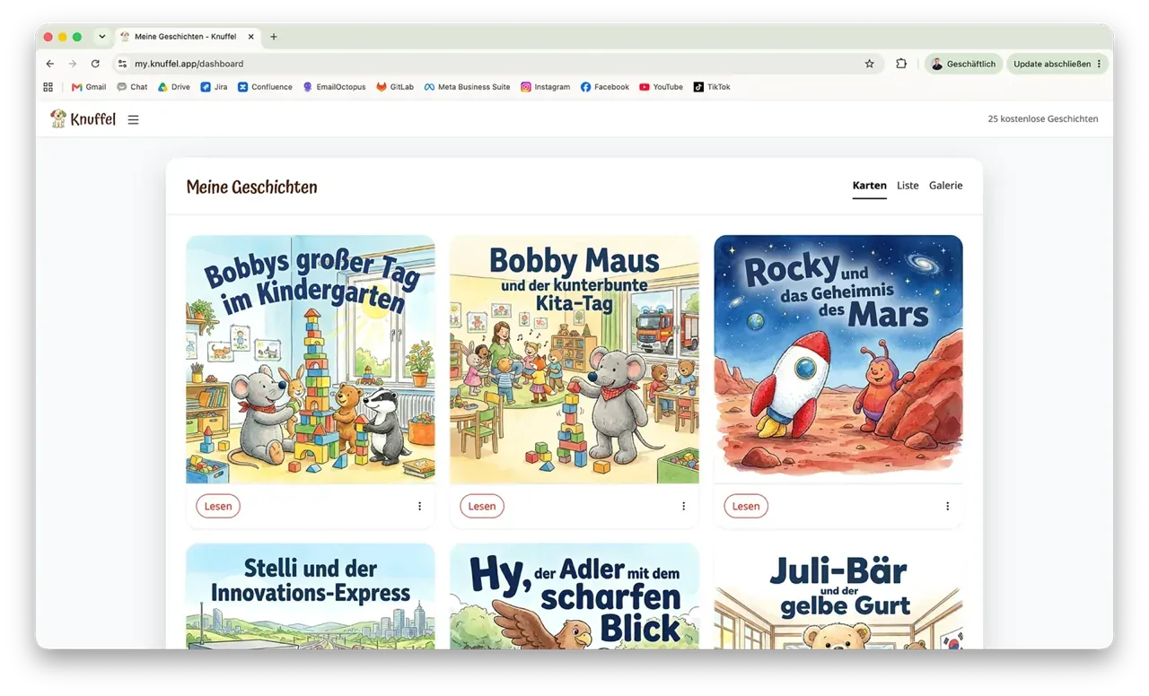 Screenshot der Knuffel-App am Desktop mit der Übersicht „Meine Geschichten“
