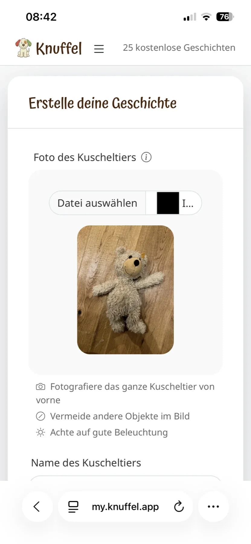 Screenshot der Knuffel-App auf dem Smartphone beim Hochladen eines Kuscheltier-Fotos