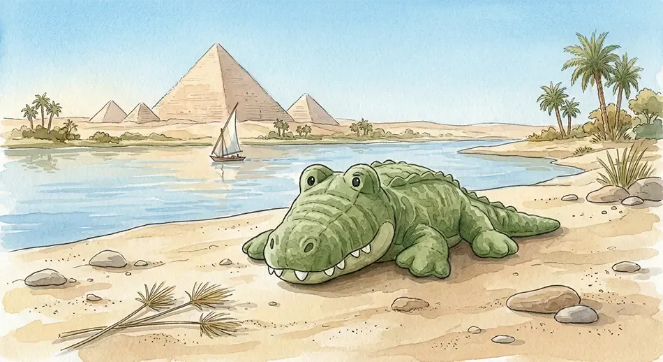 Illustration: dasselbe Krokodil liegt als Buchheld am Nil vor Pyramiden