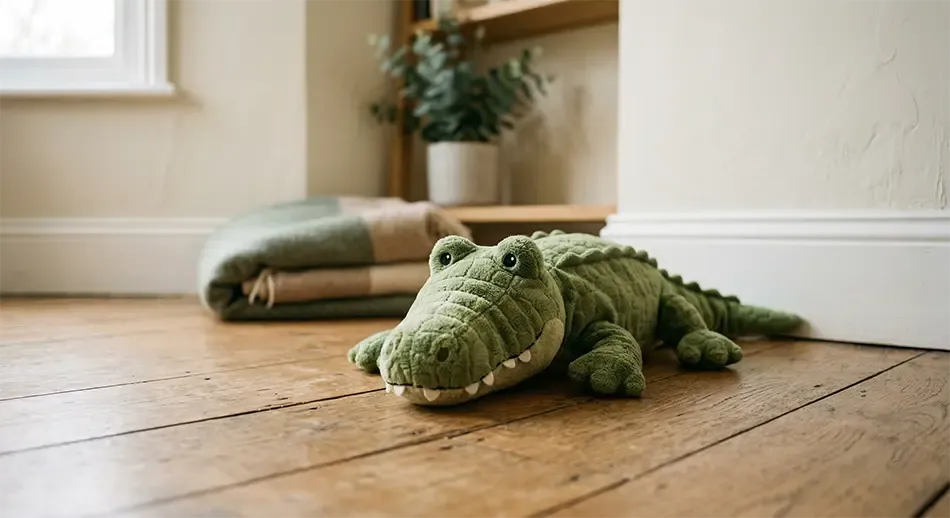 Foto: ein grünes Plüsch-Krokodil liegt auf einem Holzboden