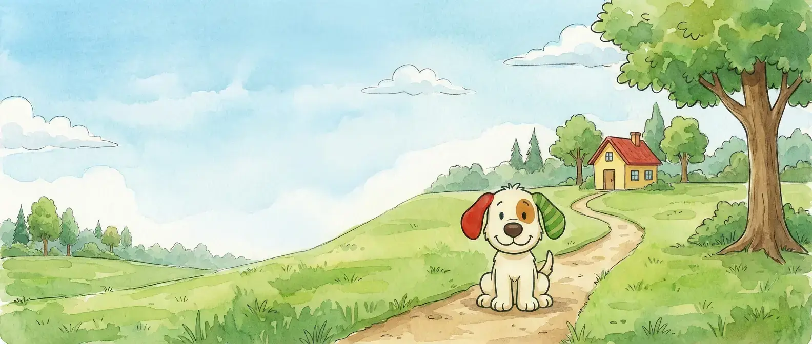 Illustration: ein gezeichneter Kuscheltier-Hund sitzt auf einem Weg vor einer Wiese mit Haus