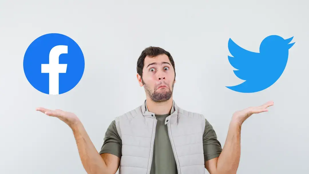 Mann zuckt ratlos mit den Schultern zwischen Facebook- und Twitter-Logo