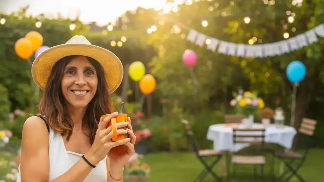Frau grinst im Garten. Sie hat ihre Gartenparty mithilfe von KI vorbereitet.