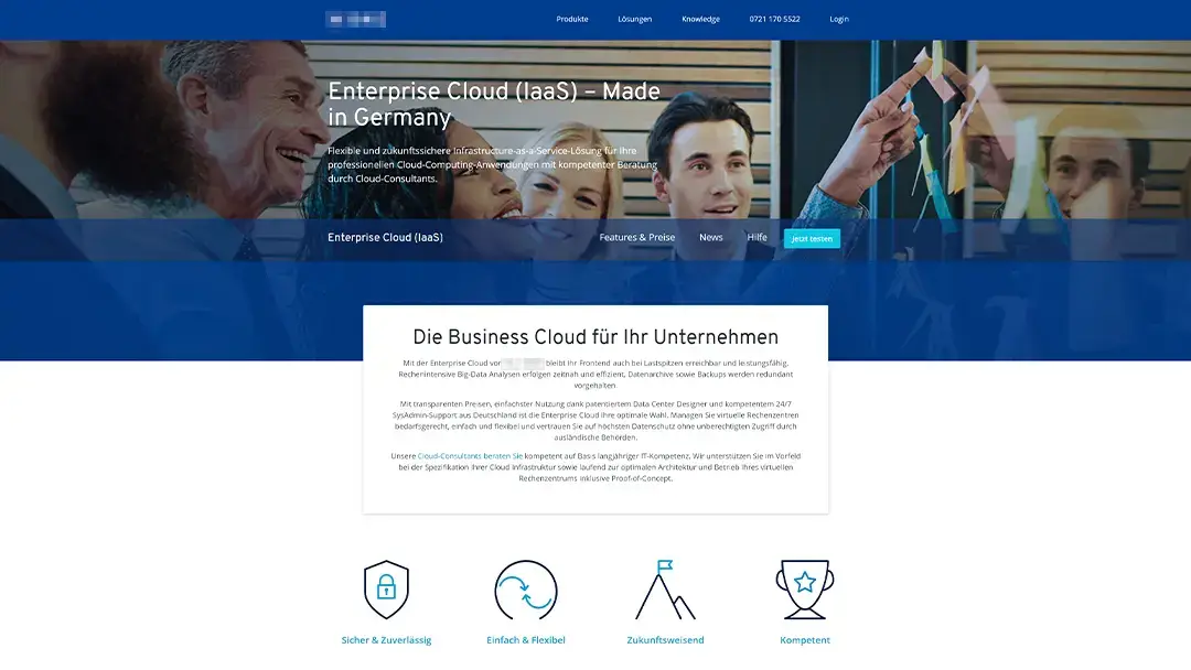 Startseite eines Cloud-Hosting-Angebots mit Teamfoto und Icons